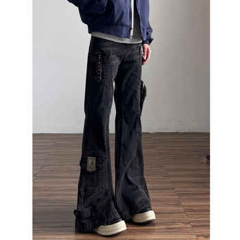 Ανδρικά τζιν denim με patchwork και πολλές τσέπες, vintage φθαρμένο στυλ εργασίας, χαλαρή ίσια γραμμή με φαρδιά πόδια
