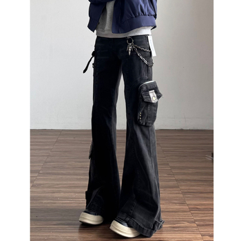Ανδρικά τζιν denim με patchwork και πολλές τσέπες, vintage φθαρμένο στυλ εργασίας, χαλαρή ίσια γραμμή με φαρδιά πόδια