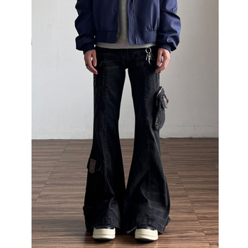 Ανδρικά τζιν denim με patchwork και πολλές τσέπες, vintage φθαρμένο στυλ εργασίας, χαλαρή ίσια γραμμή με φαρδιά πόδια