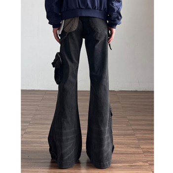 Ανδρικά τζιν denim με patchwork και πολλές τσέπες, vintage φθαρμένο στυλ εργασίας, χαλαρή ίσια γραμμή με φαρδιά πόδια