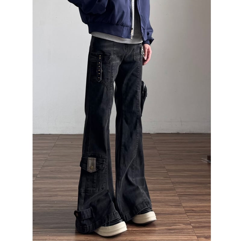 Ανδρικά τζιν denim με patchwork και πολλές τσέπες, vintage φθαρμένο στυλ εργασίας, χαλαρή ίσια γραμμή με φαρδιά πόδια