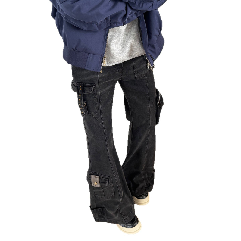 Ανδρικά τζιν denim με patchwork και πολλές τσέπες, vintage φθαρμένο στυλ εργασίας, χαλαρή ίσια γραμμή με φαρδιά πόδια