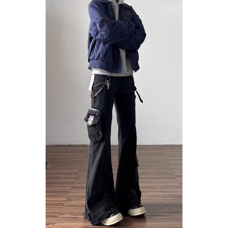 Ανδρικά τζιν denim με patchwork και πολλές τσέπες, vintage φθαρμένο στυλ εργασίας, χαλαρή ίσια γραμμή με φαρδιά πόδια
