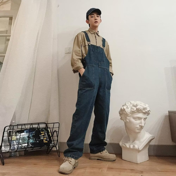 Αντρικές denim σαλοπέτες με τιράντες, πλυμένες, χειμώνας 2023, ρετρό στυλ Χονγκ Κονγκ, χαλαρή φαρδιά γραμμή