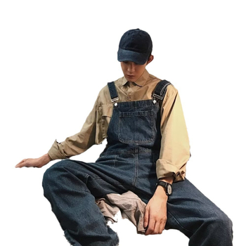 Αντρικές denim σαλοπέτες με τιράντες, πλυμένες, χειμώνας 2023, ρετρό στυλ Χονγκ Κονγκ, χαλαρή φαρδιά γραμμή