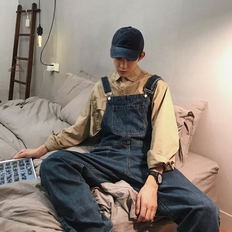 Αντρικές denim σαλοπέτες με τιράντες, πλυμένες, χειμώνας 2023, ρετρό στυλ Χονγκ Κονγκ, χαλαρή φαρδιά γραμμή