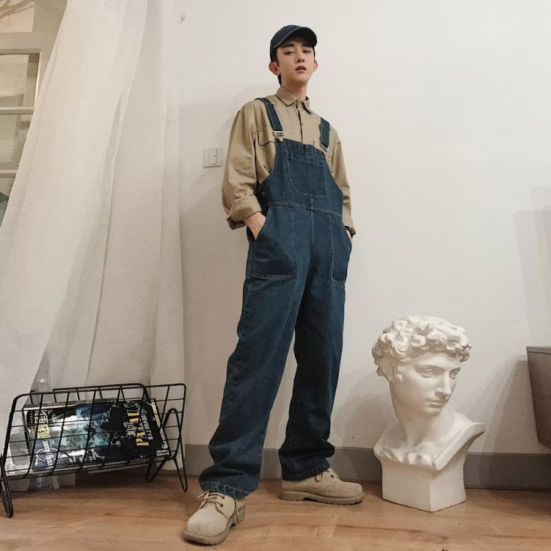 Αντρικές denim σαλοπέτες με τιράντες, πλυμένες, χειμώνας 2023, ρετρό στυλ Χονγκ Κονγκ, χαλαρή φαρδιά γραμμή