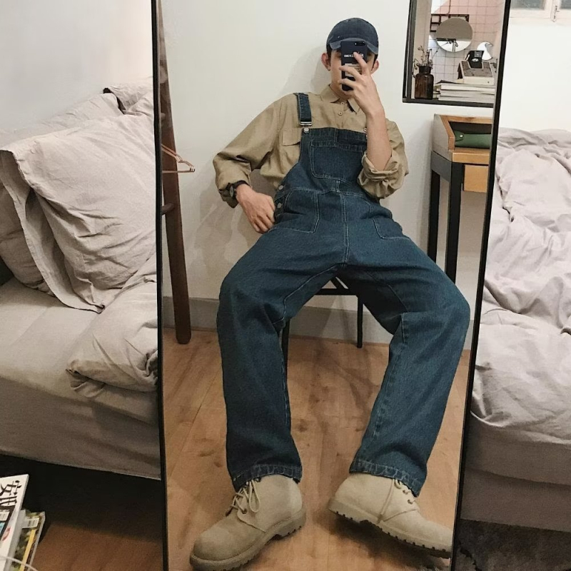 Αντρικές denim σαλοπέτες με τιράντες, πλυμένες, χειμώνας 2023, ρετρό στυλ Χονγκ Κονγκ, χαλαρή φαρδιά γραμμή