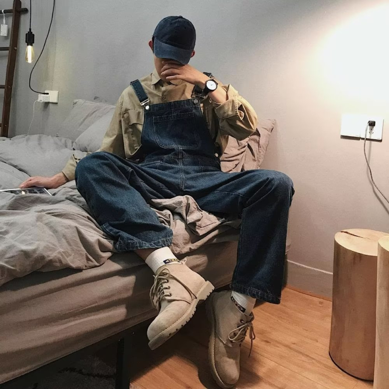 Αντρικές denim σαλοπέτες με τιράντες, πλυμένες, χειμώνας 2023, ρετρό στυλ Χονγκ Κονγκ, χαλαρή φαρδιά γραμμή