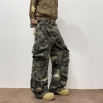 Muške radne hlače s maskirnim uzorkom i velikim džepovima, jesen, ravni kroj, široke nogavice