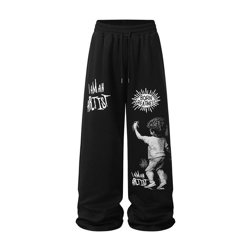 Ανδρικά βαμβακερά παντελόνια cargo, άνετη γραμμή, ευρύ παντελόνι, εκτύπωση με μοτίβο χαρακτήρα