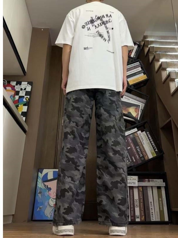 Yemi fashion 2025 Amerikanske retro kamuflažne radne hlače za muškarce, opuštenog kroja, široke nogavice, ispran završetak