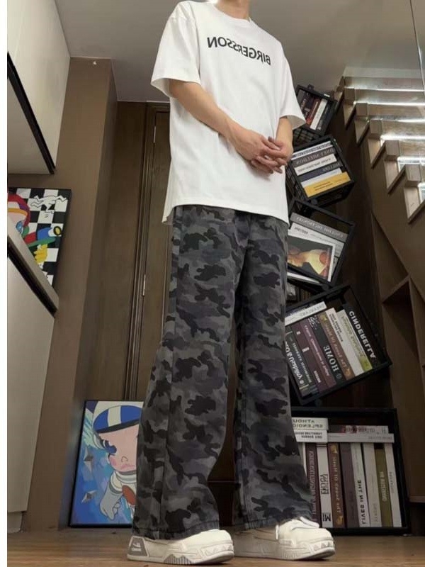 Yemi fashion 2025 Amerikanske retro kamuflažne radne hlače za muškarce, opuštenog kroja, široke nogavice, ispran završetak