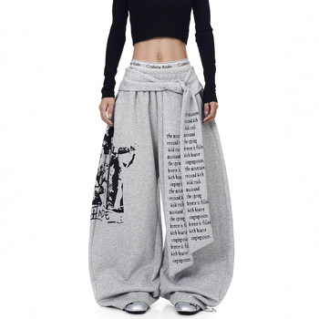 Ανδρικές παντελόνες streetwear με ρετρό εκτύπωση γραμμάτων, κορδόνι και στρώσεις, φαρδιά ίσια γραμμή, κατάλληλες για άνοιξη-φθινόπωρο