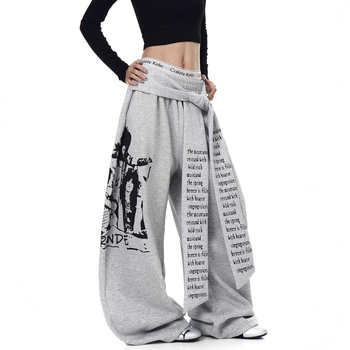 Ανδρικές παντελόνες streetwear με ρετρό εκτύπωση γραμμάτων, κορδόνι και στρώσεις, φαρδιά ίσια γραμμή, κατάλληλες για άνοιξη-φθινόπωρο