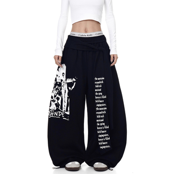Ανδρικές παντελόνες streetwear με ρετρό εκτύπωση γραμμάτων, κορδόνι και στρώσεις, φαρδιά ίσια γραμμή, κατάλληλες για άνοιξη-φθινόπωρο