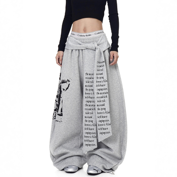 Ανδρικές παντελόνες streetwear με ρετρό εκτύπωση γραμμάτων, κορδόνι και στρώσεις, φαρδιά ίσια γραμμή, κατάλληλες για άνοιξη-φθινόπωρο