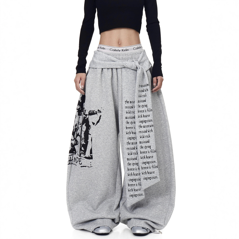 Ανδρικές παντελόνες streetwear με ρετρό εκτύπωση γραμμάτων, κορδόνι και στρώσεις, φαρδιά ίσια γραμμή, κατάλληλες για άνοιξη-φθινόπωρο