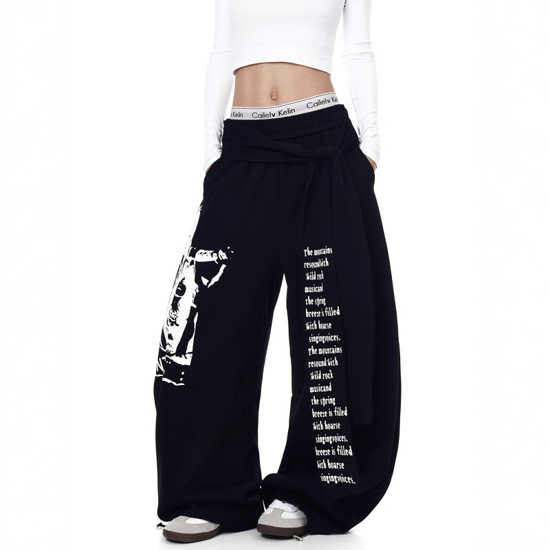 Ανδρικές παντελόνες streetwear με ρετρό εκτύπωση γραμμάτων, κορδόνι και στρώσεις, φαρδιά ίσια γραμμή, κατάλληλες για άνοιξη-φθινόπωρο