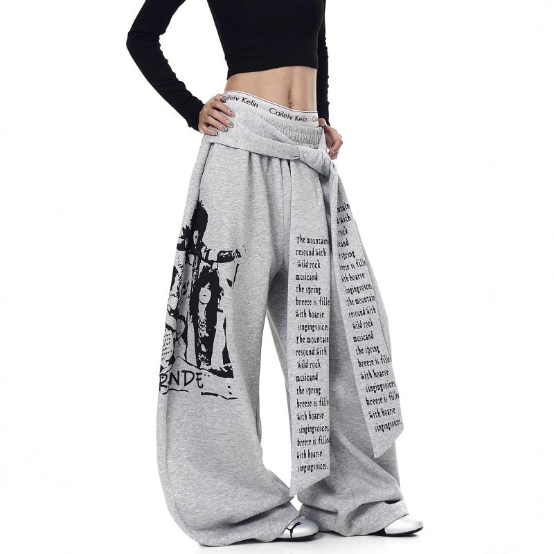 Ανδρικές παντελόνες streetwear με ρετρό εκτύπωση γραμμάτων, κορδόνι και στρώσεις, φαρδιά ίσια γραμμή, κατάλληλες για άνοιξη-φθινόπωρο