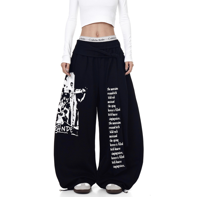 Ανδρικές παντελόνες streetwear με ρετρό εκτύπωση γραμμάτων, κορδόνι και στρώσεις, φαρδιά ίσια γραμμή, κατάλληλες για άνοιξη-φθινόπωρο
