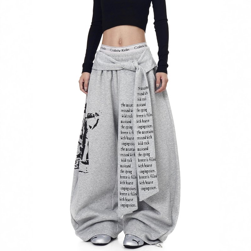 Ανδρικές παντελόνες streetwear με ρετρό εκτύπωση γραμμάτων, κορδόνι και στρώσεις, φαρδιά ίσια γραμμή, κατάλληλες για άνοιξη-φθινόπωρο