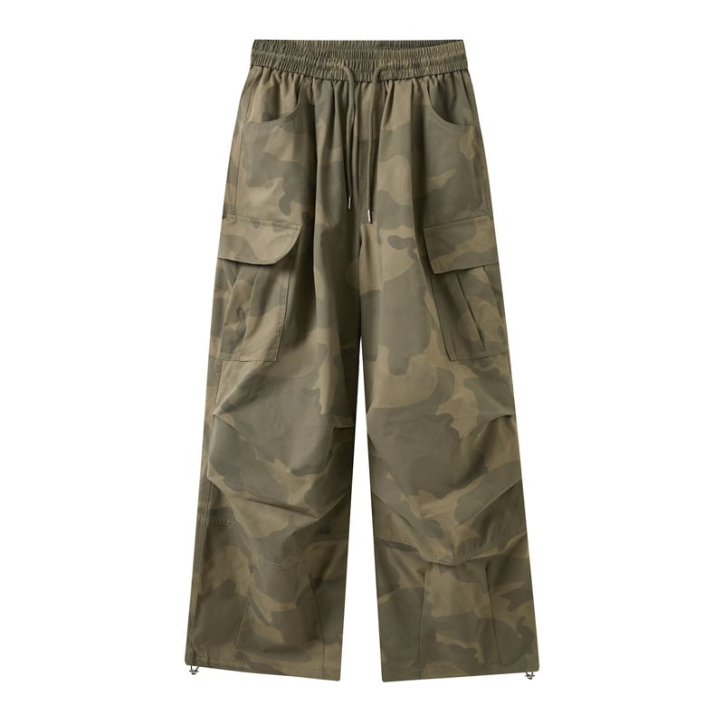 Američke retro kamuflažne cargo hlače s više džepova, detalji plisiranja, inspirirane padobrancima, gradski stil, široke nogavice, lagani materijal