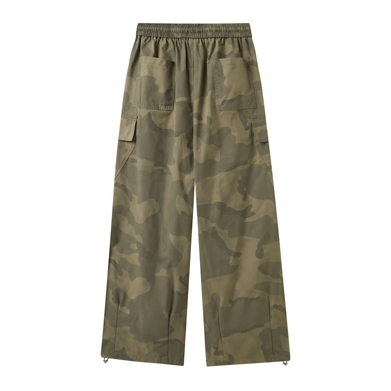 Američke retro kamuflažne cargo hlače s više džepova, detalji plisiranja, inspirirane padobrancima, gradski stil, široke nogavice, lagani materijal