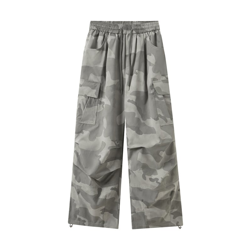 Američke retro kamuflažne cargo hlače s više džepova, detalji plisiranja, inspirirane padobrancima, gradski stil, široke nogavice, lagani materijal