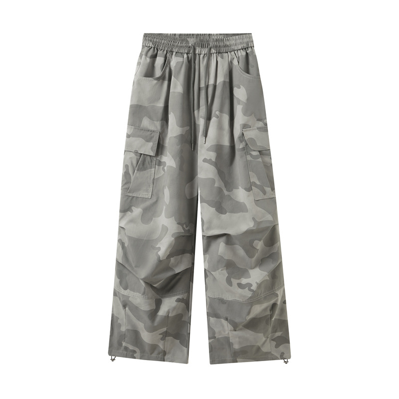 Američke retro kamuflažne cargo hlače s više džepova, detalji plisiranja, inspirirane padobrancima, gradski stil, široke nogavice, lagani materijal