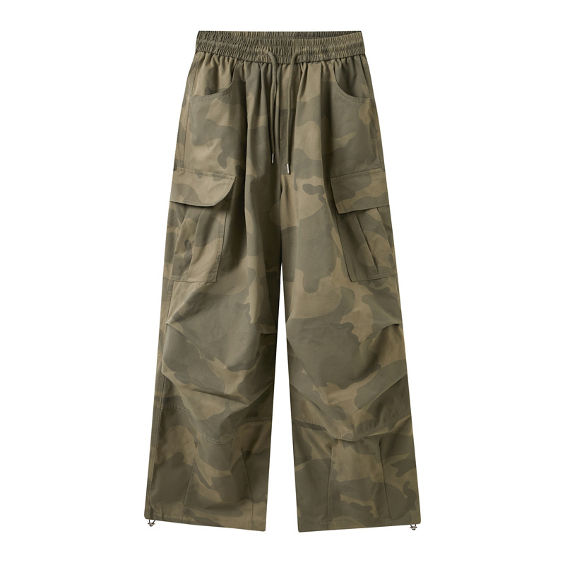 Američke retro kamuflažne cargo hlače s više džepova, detalji plisiranja, inspirirane padobrancima, gradski stil, široke nogavice, lagani materijal