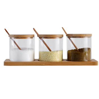 Set staklenih posuda za začine s poklopcima od bambusa i drveta akacije, kuhinjski spremnik za začine