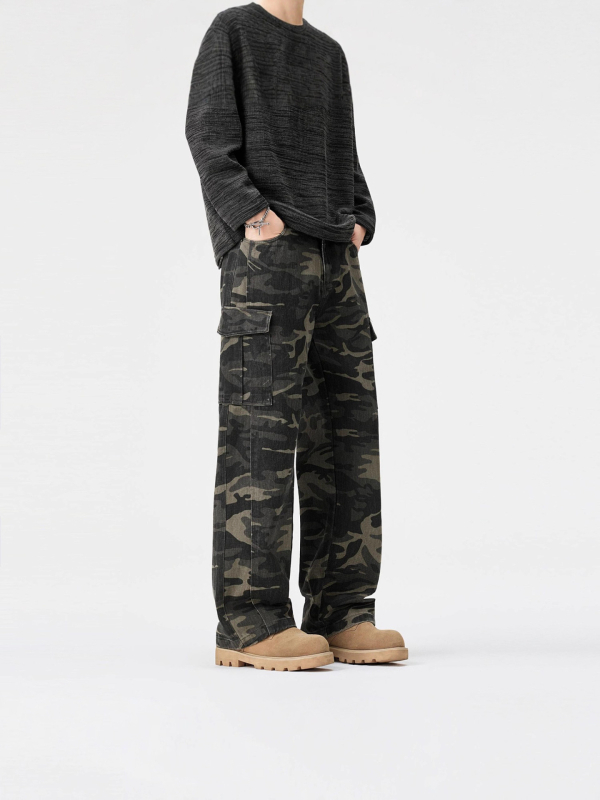 Kukuluky Ανδρικά cargo παντελόνια με vintage καμουφλάζ, casual streetwear, φαρδιά γραμμή, φθινοπωρινά–χειμερινά