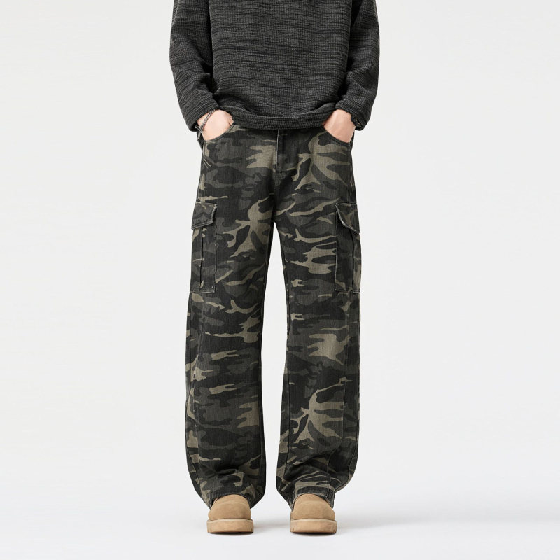 Kukuluky Ανδρικά cargo παντελόνια με vintage καμουφλάζ, casual streetwear, φαρδιά γραμμή, φθινοπωρινά–χειμερινά