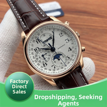 Automatické mechanické pánske hodinky zo série Famous Craftsman — fázou mesiaca, kalendár, kožený remienok, puzdro z nehrdzavejúcej ocele, priemer 44,5 mm