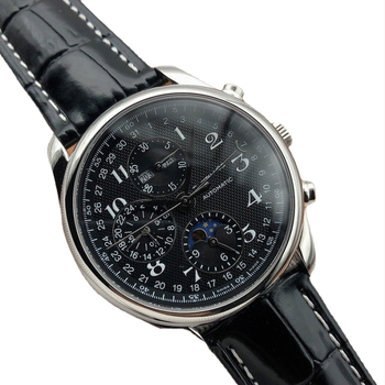 Automatické mechanické pánske hodinky zo série Famous Craftsman — fázou mesiaca, kalendár, kožený remienok, puzdro z nehrdzavejúcej ocele, priemer 44,5 mm