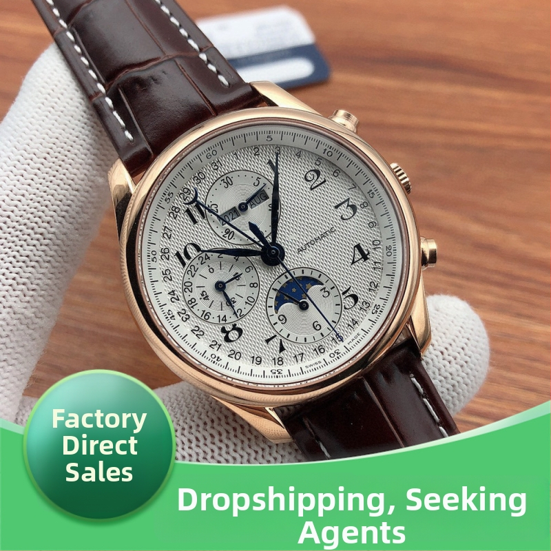 Automatické mechanické pánske hodinky zo série Famous Craftsman — fázou mesiaca, kalendár, kožený remienok, puzdro z nehrdzavejúcej ocele, priemer 44,5 mm