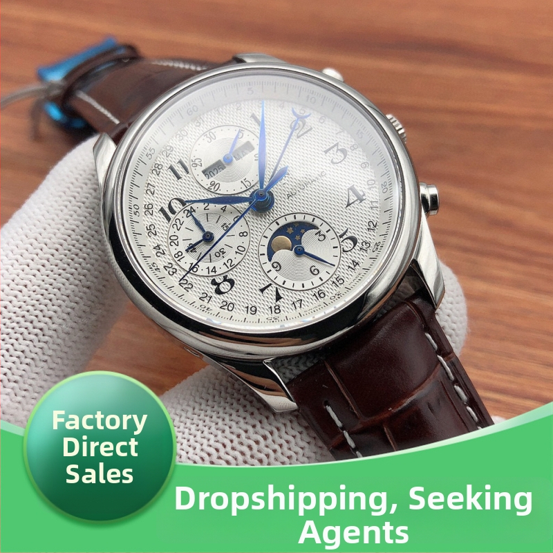 Automatické mechanické pánske hodinky zo série Famous Craftsman — fázou mesiaca, kalendár, kožený remienok, puzdro z nehrdzavejúcej ocele, priemer 44,5 mm