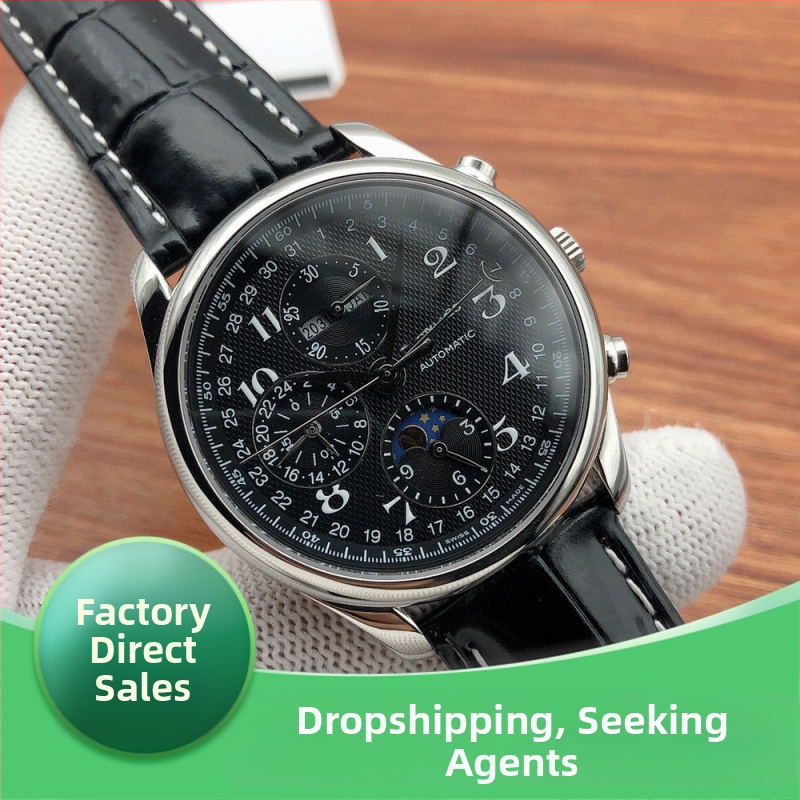 Automatické mechanické pánske hodinky zo série Famous Craftsman — fázou mesiaca, kalendár, kožený remienok, puzdro z nehrdzavejúcej ocele, priemer 44,5 mm