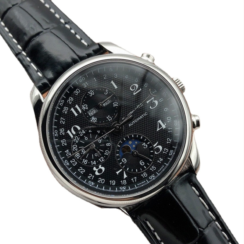 Automatické mechanické pánske hodinky zo série Famous Craftsman — fázou mesiaca, kalendár, kožený remienok, puzdro z nehrdzavejúcej ocele, priemer 44,5 mm