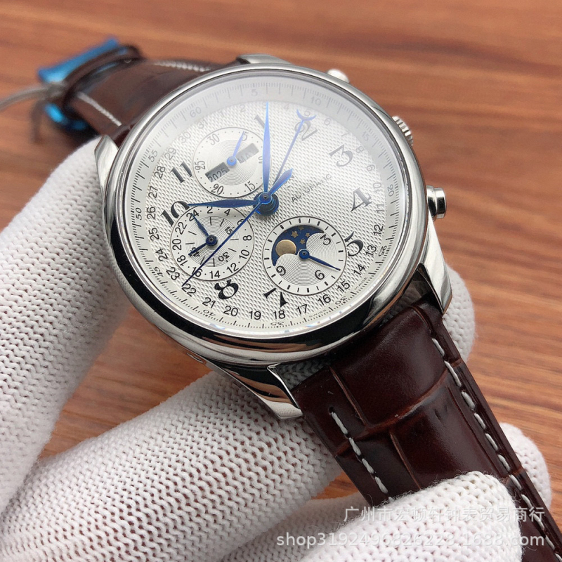 Automatické mechanické pánske hodinky zo série Famous Craftsman — fázou mesiaca, kalendár, kožený remienok, puzdro z nehrdzavejúcej ocele, priemer 44,5 mm