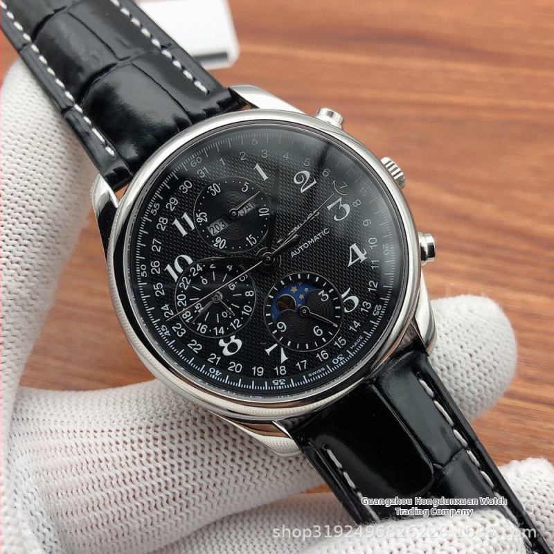 Automatické mechanické pánske hodinky zo série Famous Craftsman — fázou mesiaca, kalendár, kožený remienok, puzdro z nehrdzavejúcej ocele, priemer 44,5 mm