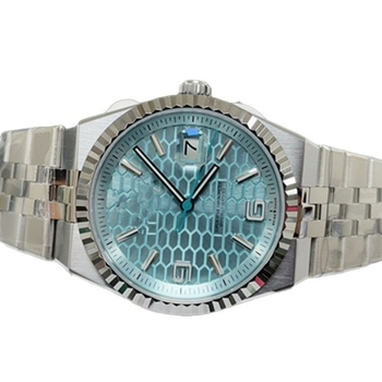 Pánske mechanické hodinky s puzdrom a nerezovým oceľovým remienkom, 43 mm ciferník, safírové sklo, ciferník s plástovým vzorom v ľadovo modrej farbe, svetelný dátum, pohon 9015