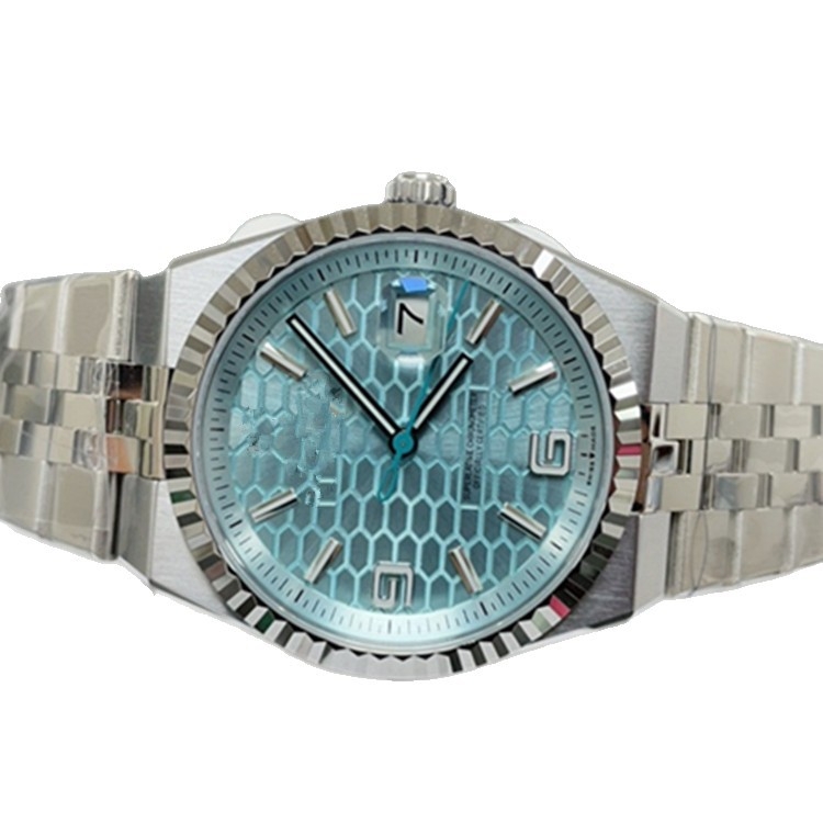 Pánske mechanické hodinky s puzdrom a nerezovým oceľovým remienkom, 43 mm ciferník, safírové sklo, ciferník s plástovým vzorom v ľadovo modrej farbe, svetelný dátum, pohon 9015