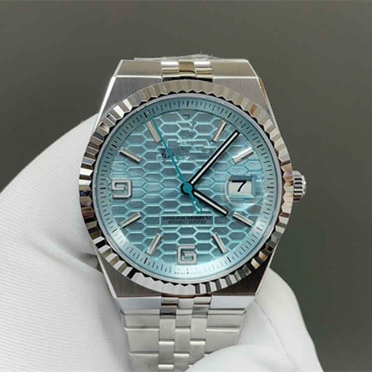 Pánske mechanické hodinky s puzdrom a nerezovým oceľovým remienkom, 43 mm ciferník, safírové sklo, ciferník s plástovým vzorom v ľadovo modrej farbe, svetelný dátum, pohon 9015