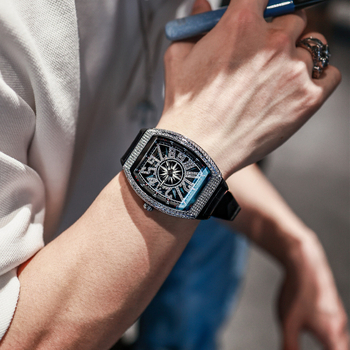 NASIR Diamantmi osadené automatické mechanické pánske hodinky, puzdro v tvare fľaše, kožený remienok, vodotesné do 30 m