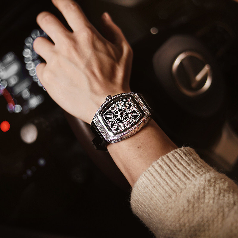 NASIR Diamantmi osadené automatické mechanické pánske hodinky, puzdro v tvare fľaše, kožený remienok, vodotesné do 30 m