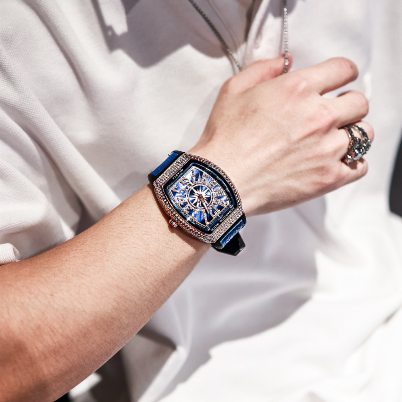 NASIR Diamantmi osadené automatické mechanické pánske hodinky, puzdro v tvare fľaše, kožený remienok, vodotesné do 30 m