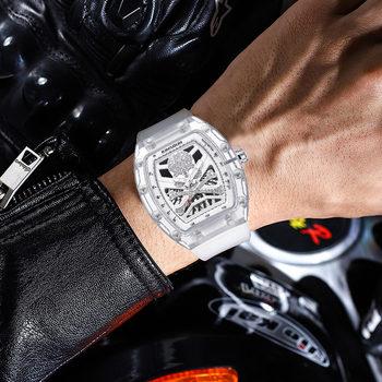 KIMSDUN K-2016A Automatické mechanické skeleton hodinky pre mužov, priehľadný valcovitý korpus s dizajnom lebky