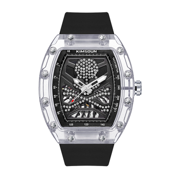 KIMSDUN K-2016A Automatické mechanické skeleton hodinky pre mužov, priehľadný valcovitý korpus s dizajnom lebky